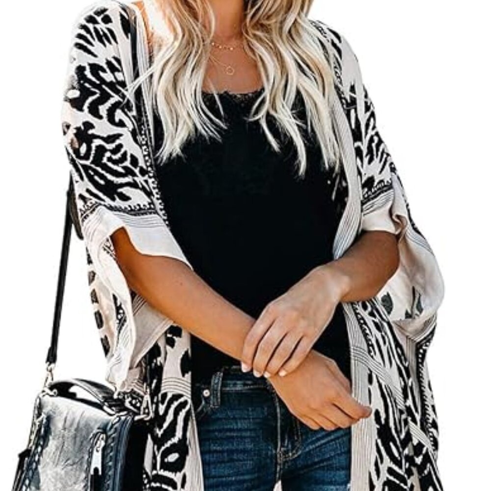 Women Print Kimono Cardigan V Neck Loose Beach Cover Up, Black & White